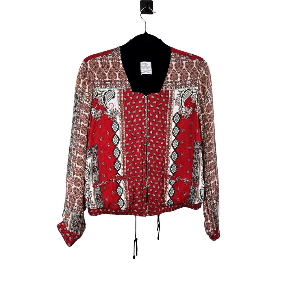 Bershka Red Paisley Patchwork Zip Up Bomber Jacket Boho Print Lightweight Small